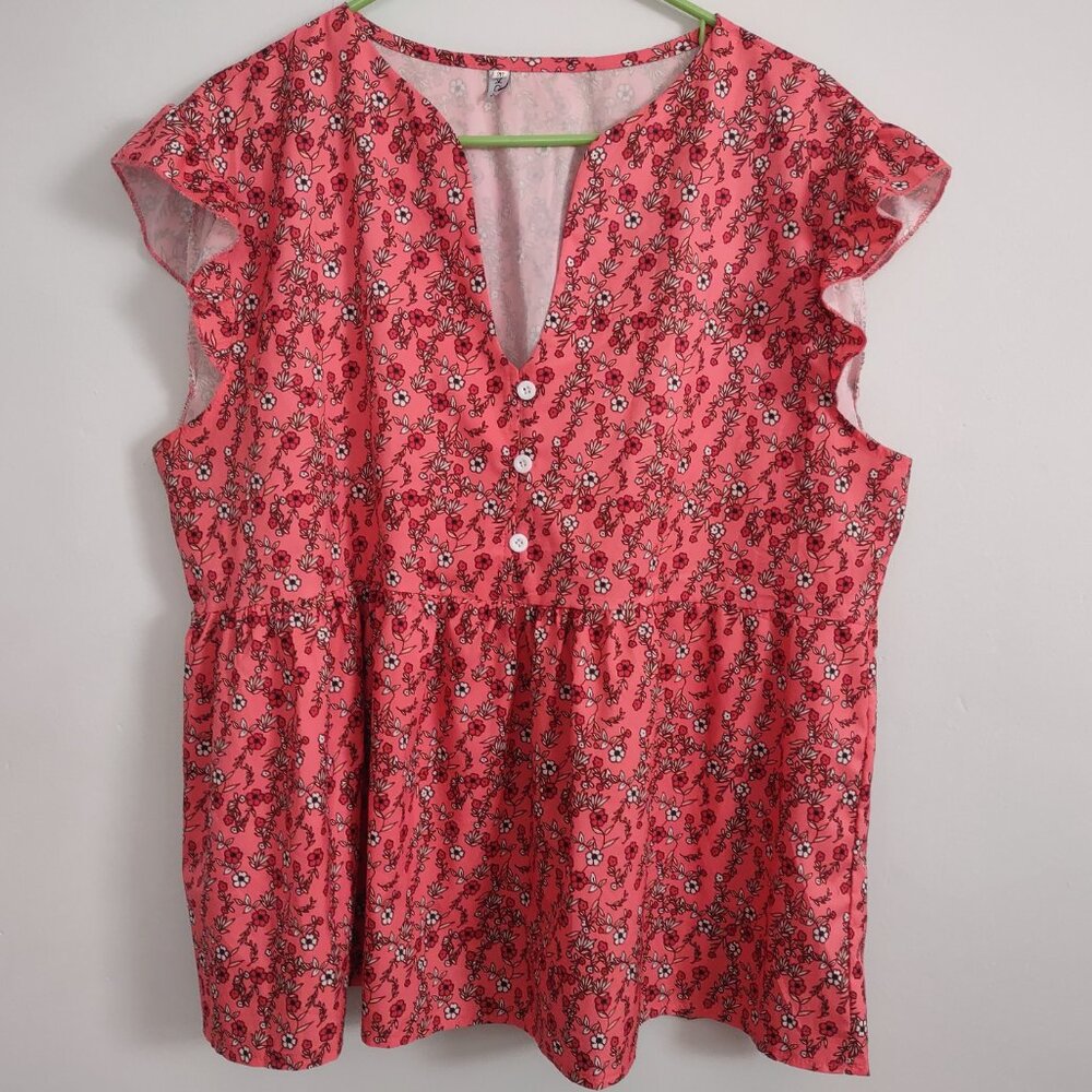 2X Plus Size Ruffle Short Sleeve Salmon Coral Blouse